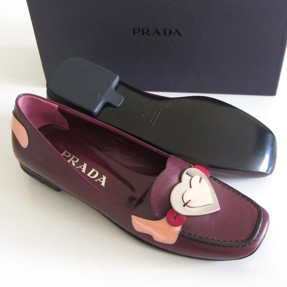 new PRADA burgundy Heart Detail square toe flats 36.5 / 6.5 US - Picture 2 of 9